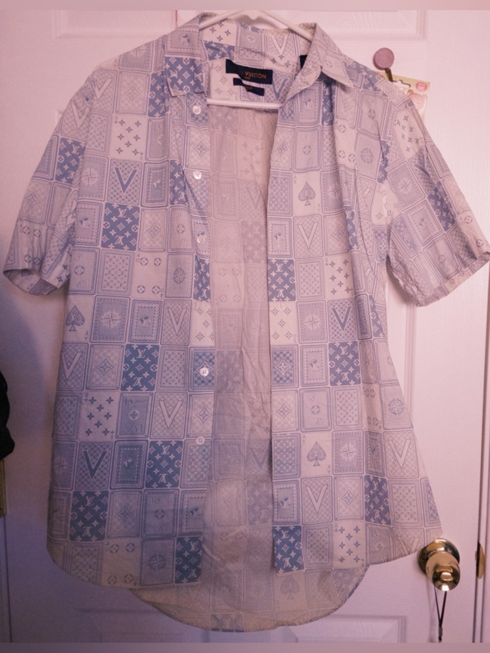 Louis Vuitton Blue Monogram Card Print Short Sleeve Button-Up Shirt